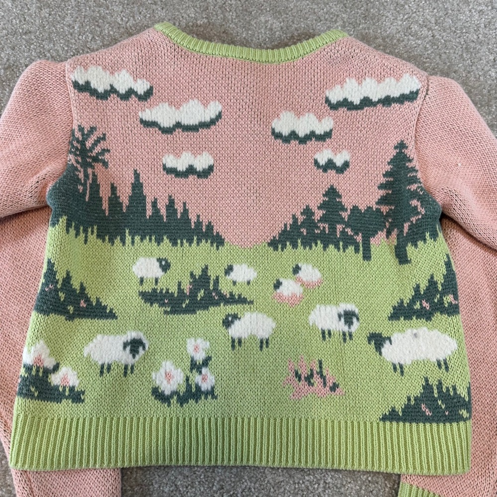 Zara Sheep Landscape Knit Cardigan Pink Green Pastoral Cottagecore Sweater Small - Picture 7 of 8